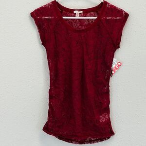 Womens Juniors L Bongo‎ I Love Lacey Stretch Lace Top Vintage Red Short Sleeve